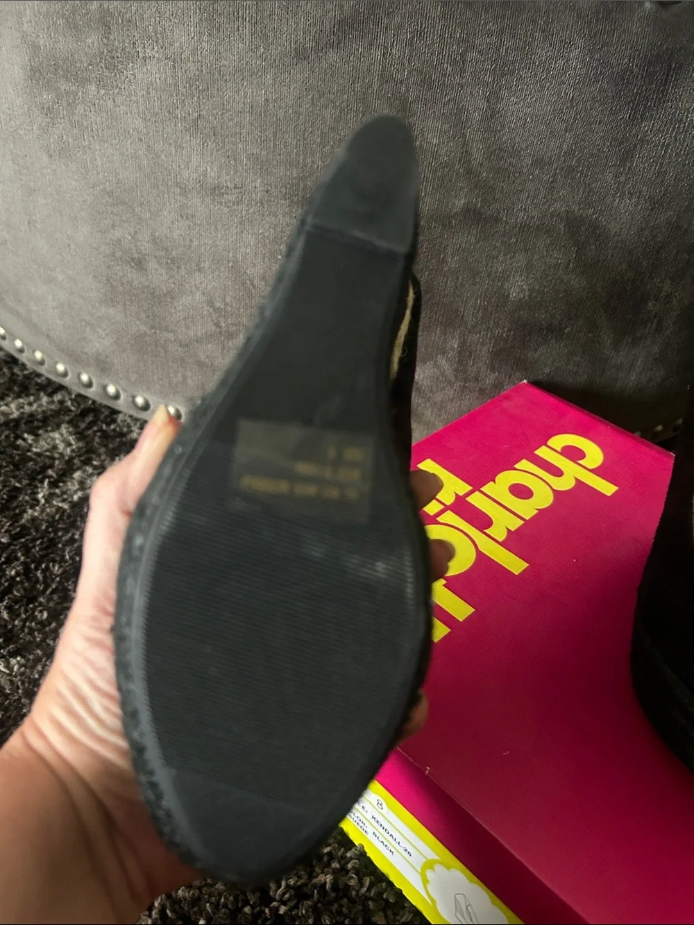 Charlotte Russe Black Suede Peep-Toe Striped Espadrille Wedges